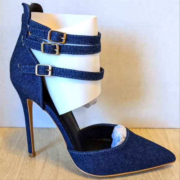 Shoe Republic LA Shoes - Shoe Republic Meghan Blue Jean Denim Three Ankle Straps Heels size 8.5